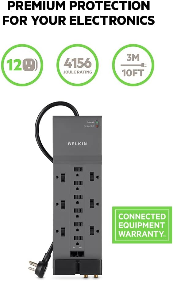 REGLETA CON PROTECTOR DE SOBRETENSIÓN BELKIN 12 TOMAS 4,156 JULIOS CABLE 3 M ENCHUFE PLANO - 2