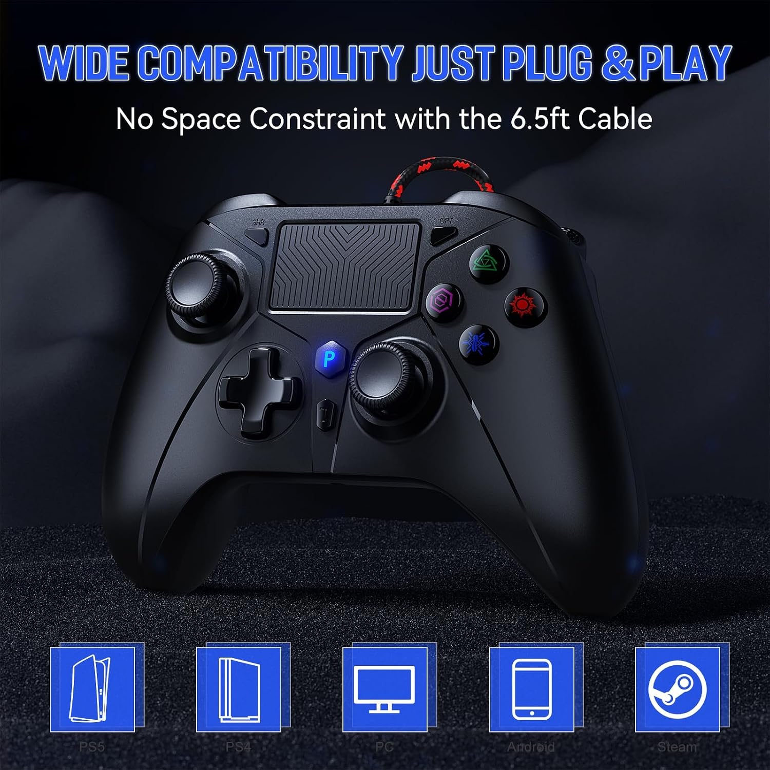 CONTROL CON CABLE GAMROMBO PARA PS5, PS4 Y PC, CON BOTÓN TURBO Y JACK 3.5MM, NEGRO - 2
