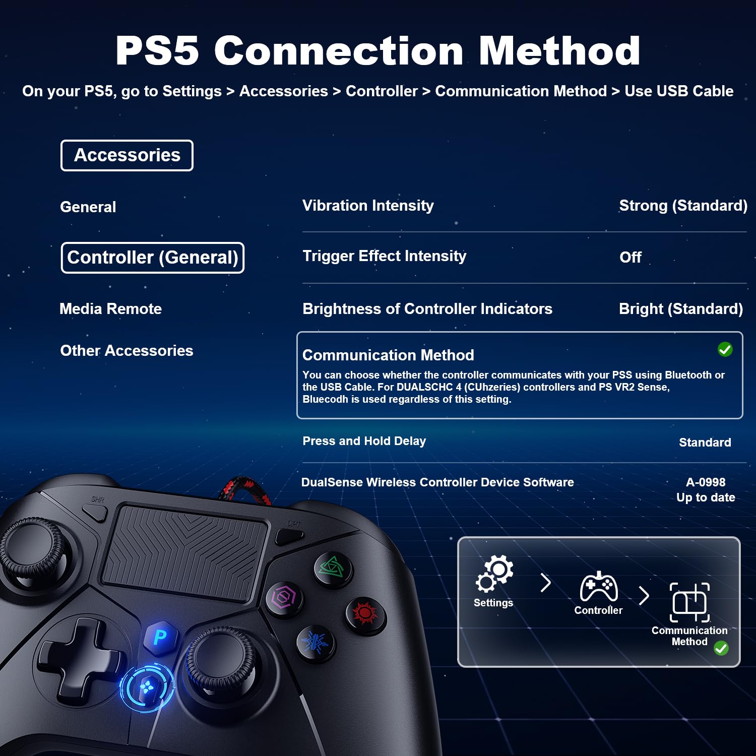 CONTROL CON CABLE GAMROMBO PARA PS5, PS4 Y PC, CON BOTÓN TURBO Y JACK 3.5MM, NEGRO - 3