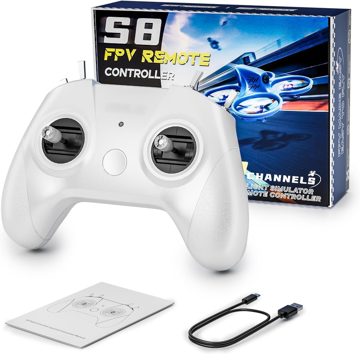 CONTROLADOR SIMULADOR FPV FLYDRONE S8 PARA PC WINDOWS USB-C 8 CANALES MODO 2 BLANCO - 1