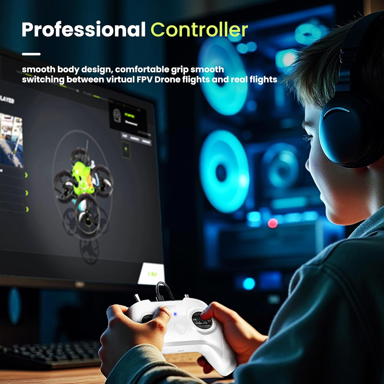 CONTROLADOR SIMULADOR FPV FLYDRONE S8 PARA PC WINDOWS USB-C 8 CANALES MODO 2 BLANCO - 2