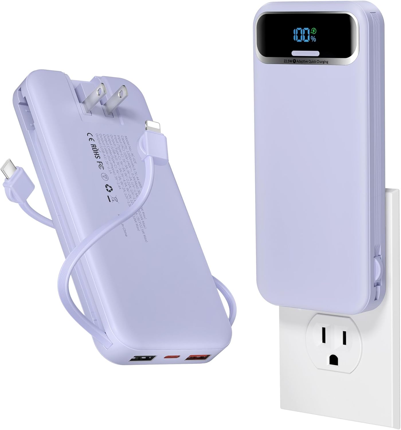 BATERÍA EXTERNA AONIDI 12000MAH CON CABLES INTEGRADOS Y ENCHUFE DE PARED MORADO - 1