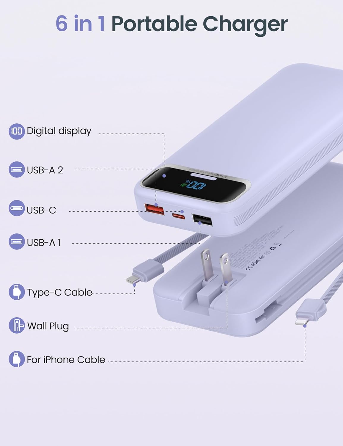 BATERÍA EXTERNA AONIDI 12000MAH CON CABLES INTEGRADOS Y ENCHUFE DE PARED MORADO - 2