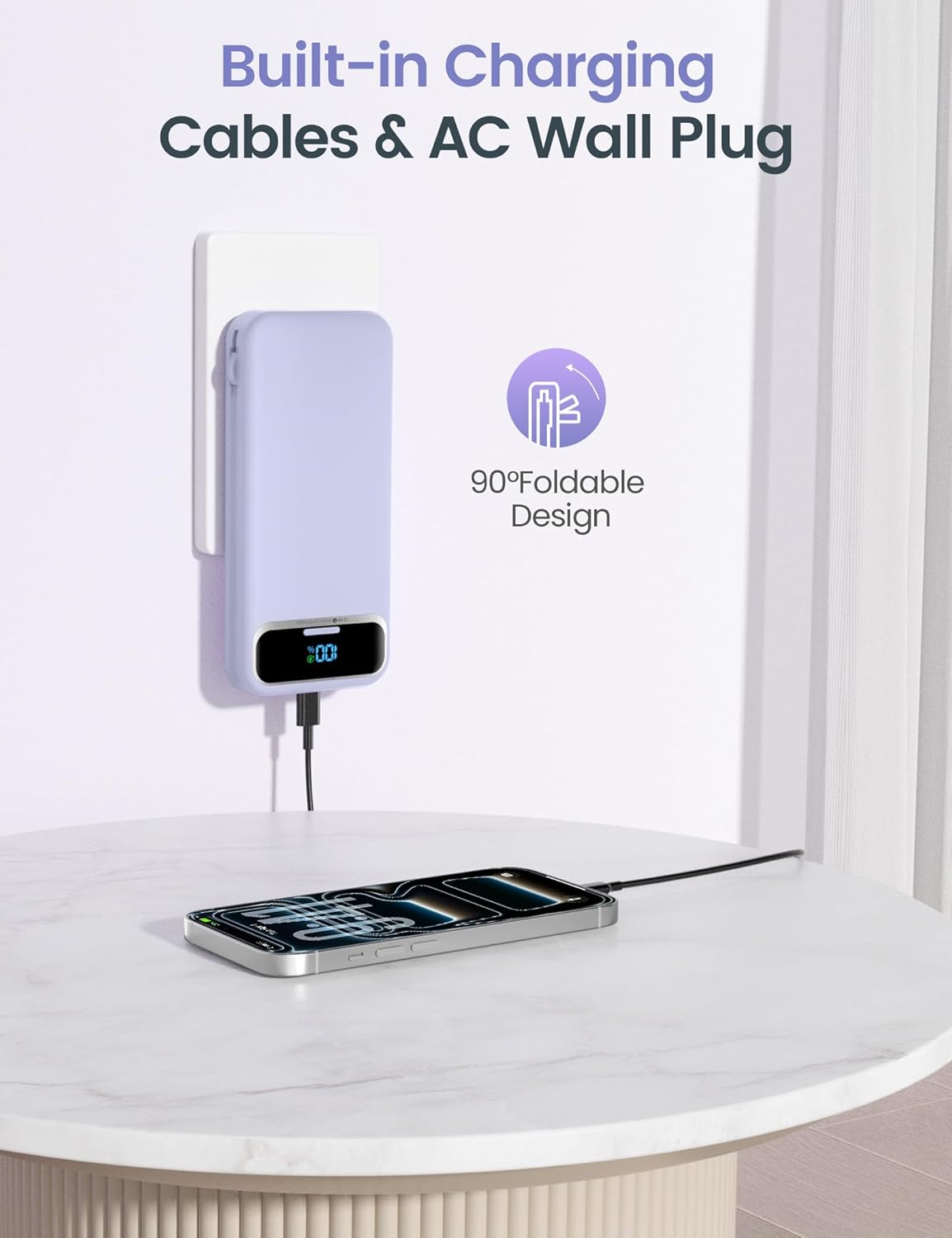 BATERÍA EXTERNA AONIDI 12000MAH CON CABLES INTEGRADOS Y ENCHUFE DE PARED MORADO - 4