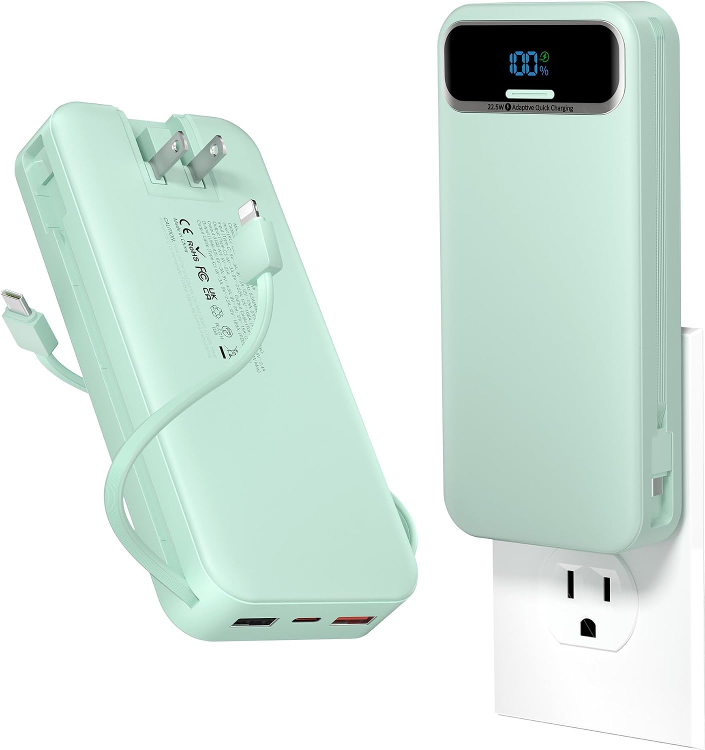 BATERÍA EXTERNA AONIDI 20000MAH CON CABLES INTEGRADOS Y ENCHUFE DE PARED VERDE - 1