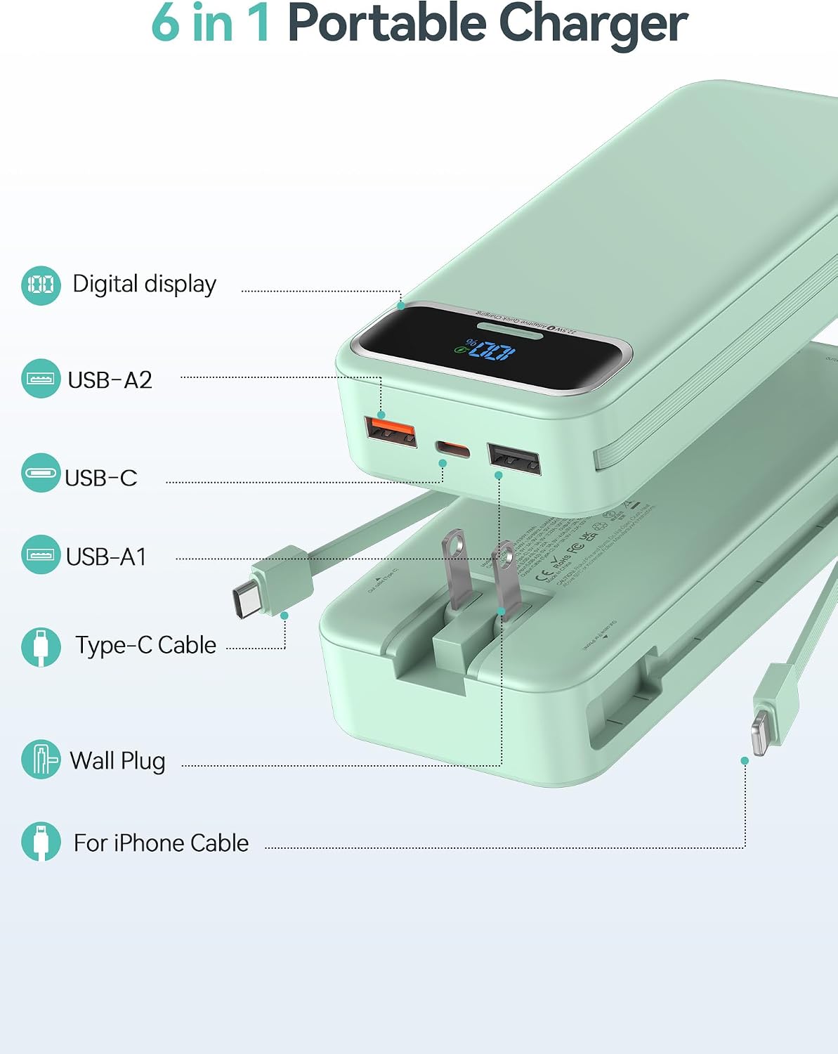 BATERÍA EXTERNA AONIDI 20000MAH CON CABLES INTEGRADOS Y ENCHUFE DE PARED VERDE - 2