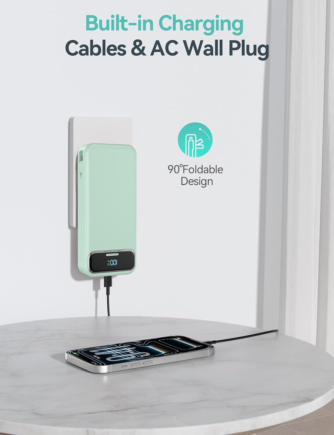 BATERÍA EXTERNA AONIDI 20000MAH CON CABLES INTEGRADOS Y ENCHUFE DE PARED VERDE - 4