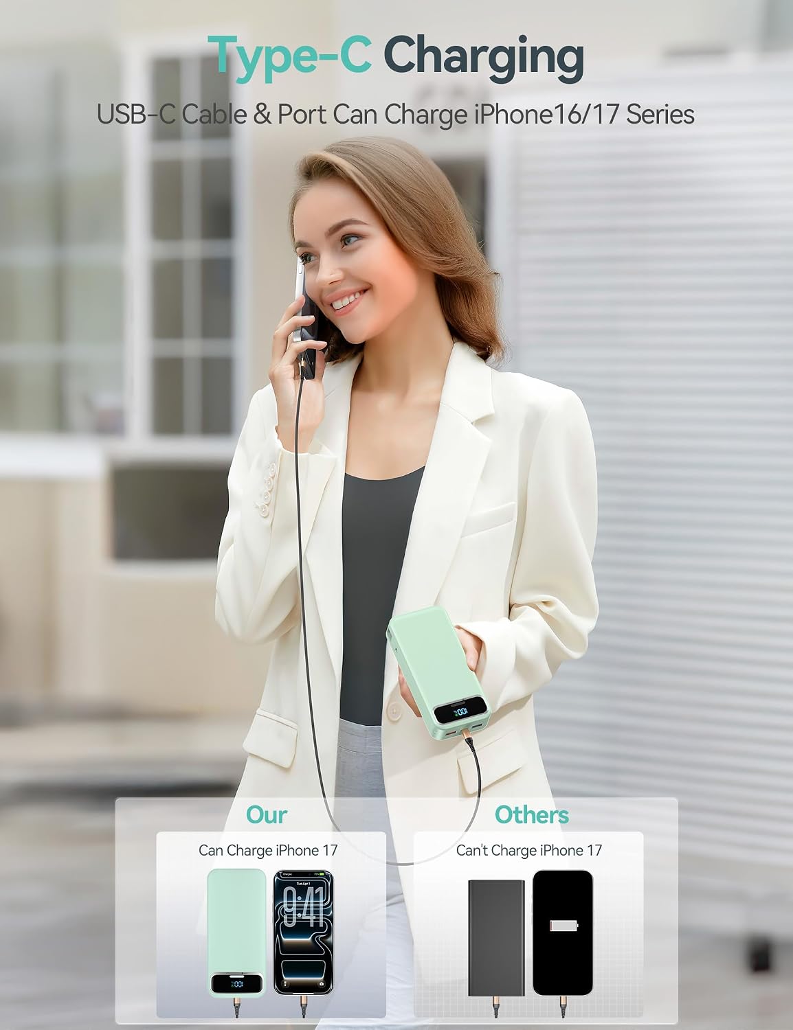 BATERÍA EXTERNA AONIDI 20000MAH CON CABLES INTEGRADOS Y ENCHUFE DE PARED VERDE - 5