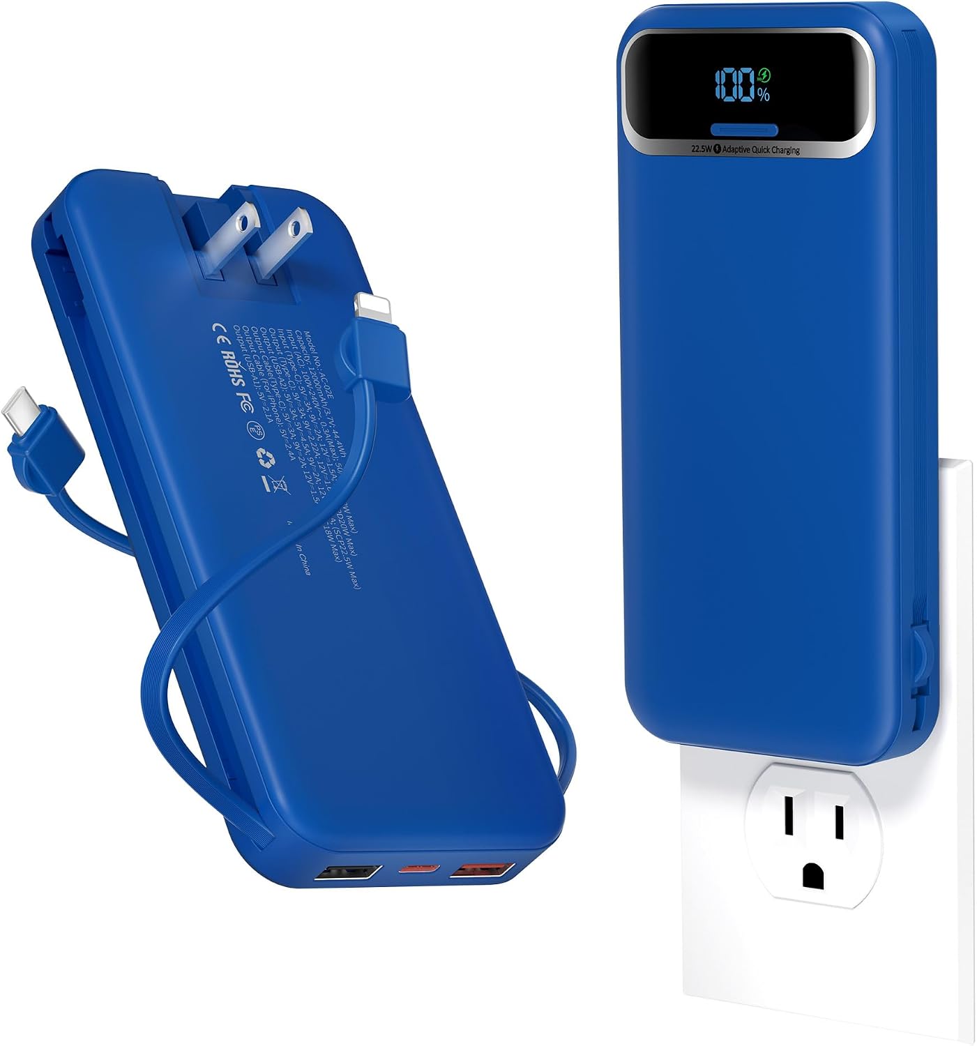 BATERÍA EXTERNA AONIDI 12000MAH CON CABLES INTEGRADOS Y ENCHUFE DE PARED AZUL MARINO - 1