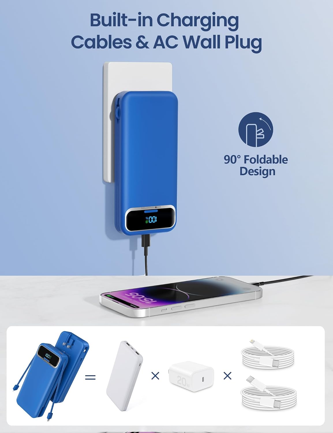 BATERÍA EXTERNA AONIDI 12000MAH CON CABLES INTEGRADOS Y ENCHUFE DE PARED AZUL MARINO - 4