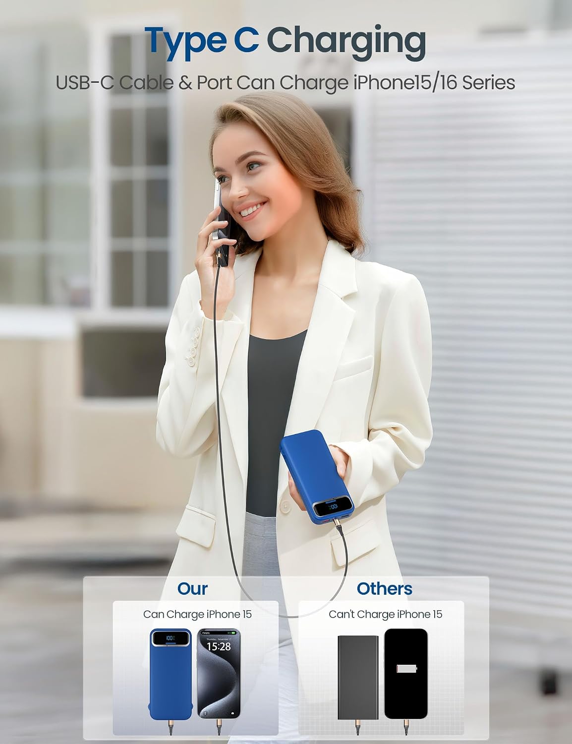 BATERÍA EXTERNA AONIDI 12000MAH CON CABLES INTEGRADOS Y ENCHUFE DE PARED AZUL MARINO - 5