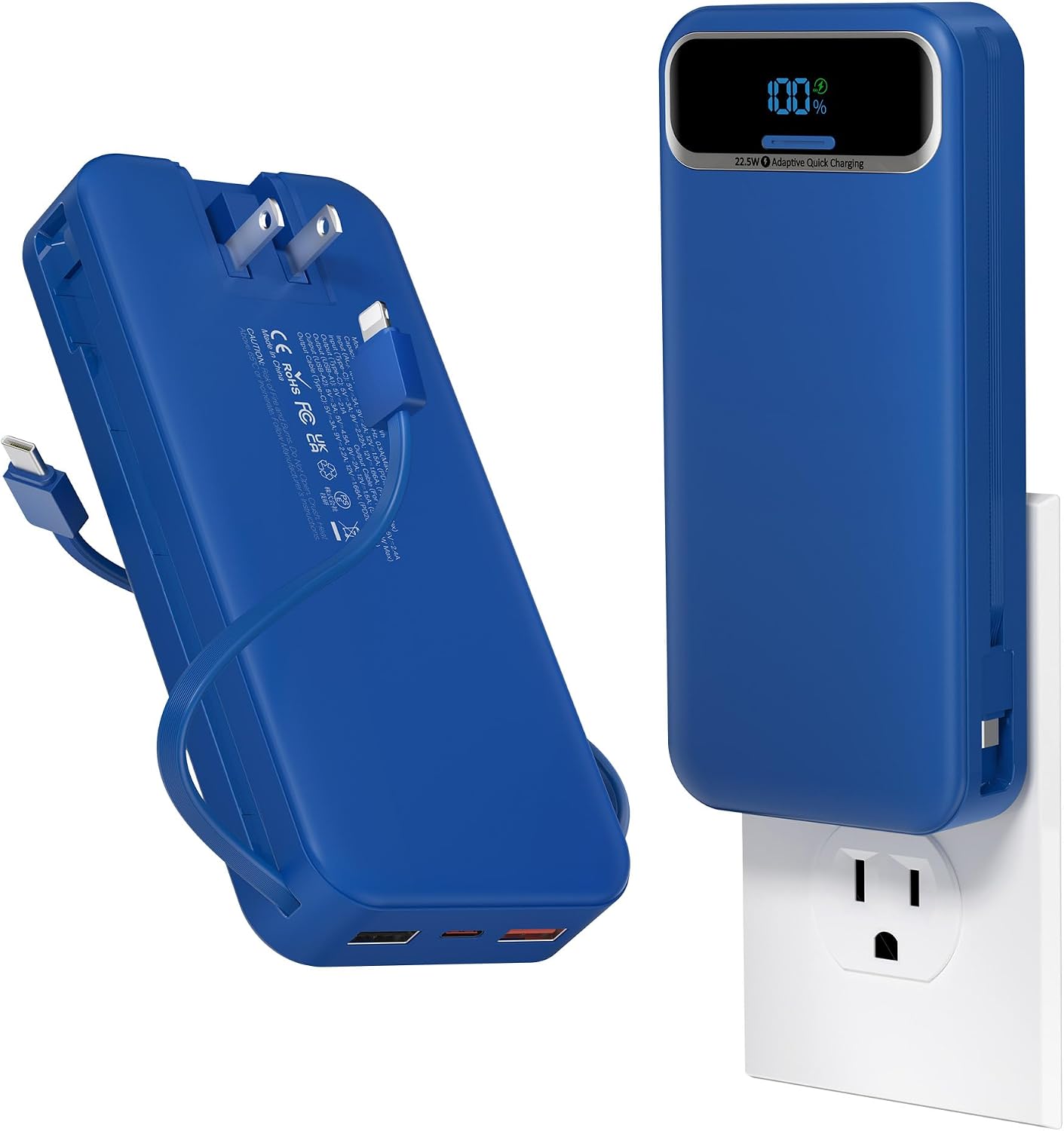 BATERÍA EXTERNA AONIDI 20000MAH CON CABLES INTEGRADOS Y ENCHUFE DE PARED AZUL MARINO - 1