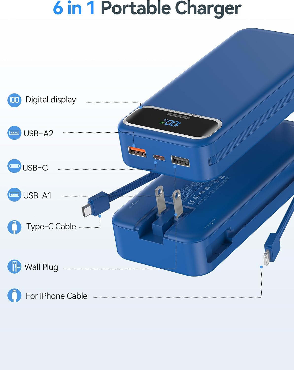 BATERÍA EXTERNA AONIDI 20000MAH CON CABLES INTEGRADOS Y ENCHUFE DE PARED AZUL MARINO - 2