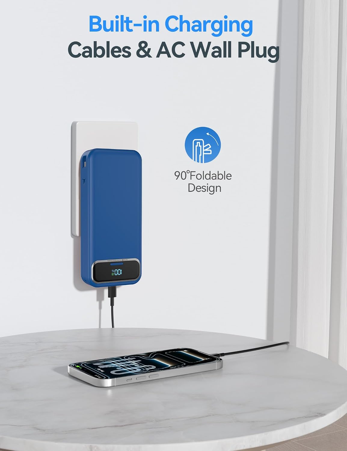 BATERÍA EXTERNA AONIDI 20000MAH CON CABLES INTEGRADOS Y ENCHUFE DE PARED AZUL MARINO - 4