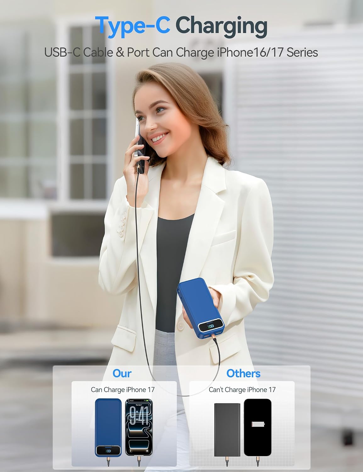 BATERÍA EXTERNA AONIDI 20000MAH CON CABLES INTEGRADOS Y ENCHUFE DE PARED AZUL MARINO - 5