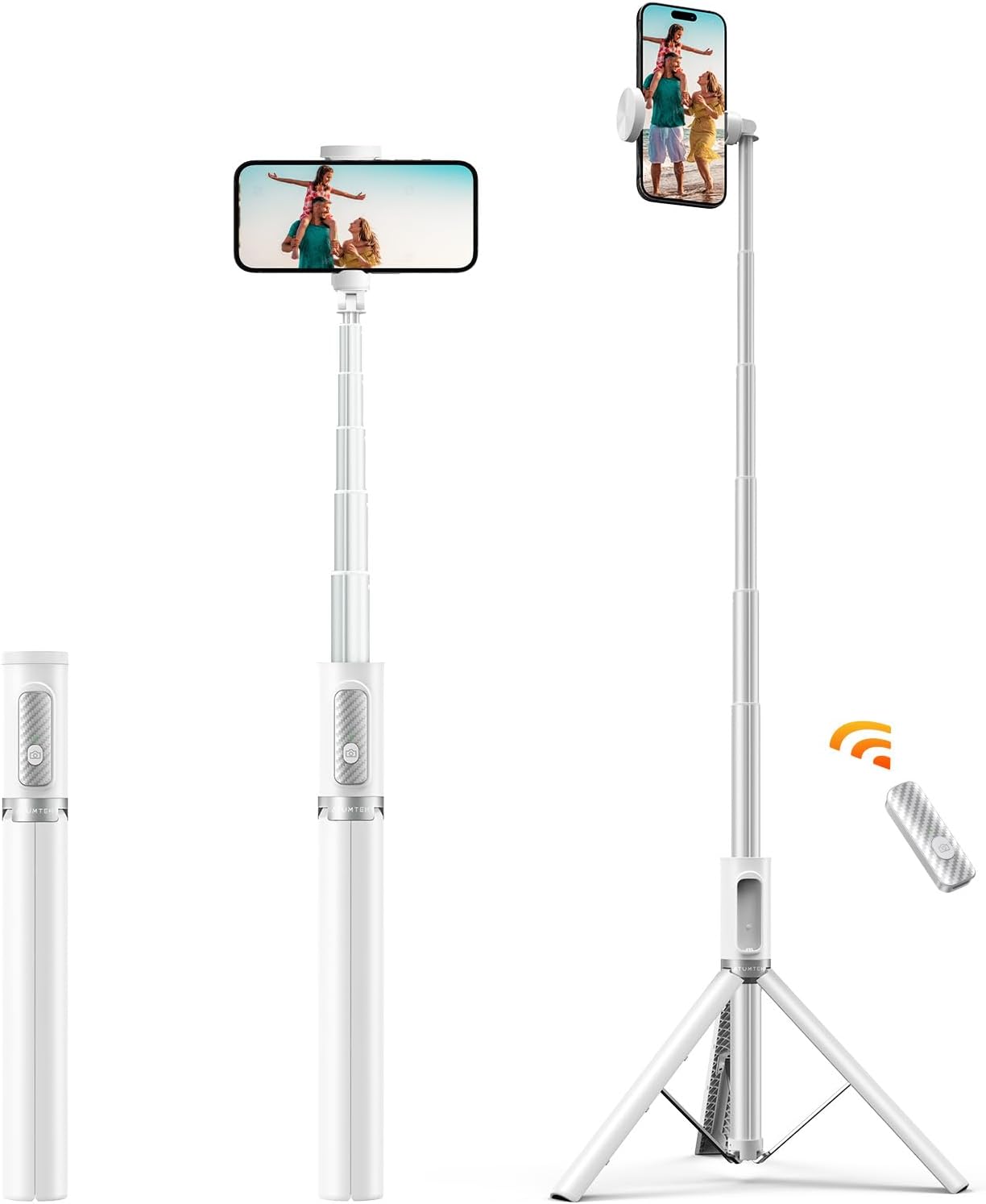 TRÍPODE SELFIE STICK ATUMTEK 62' ALUMINIO CON CONTROL BLUETOOTH RECARGABLE BLANCO - 1