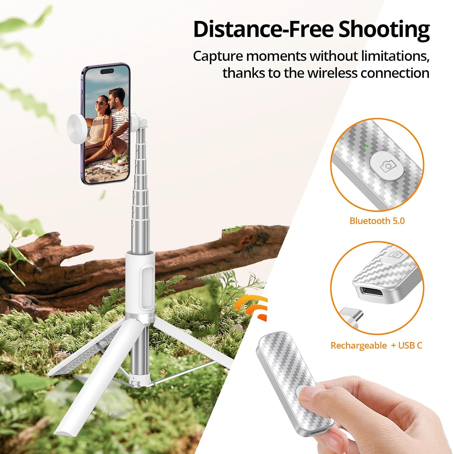 TRÍPODE SELFIE STICK ATUMTEK 62' ALUMINIO CON CONTROL BLUETOOTH RECARGABLE BLANCO - 4