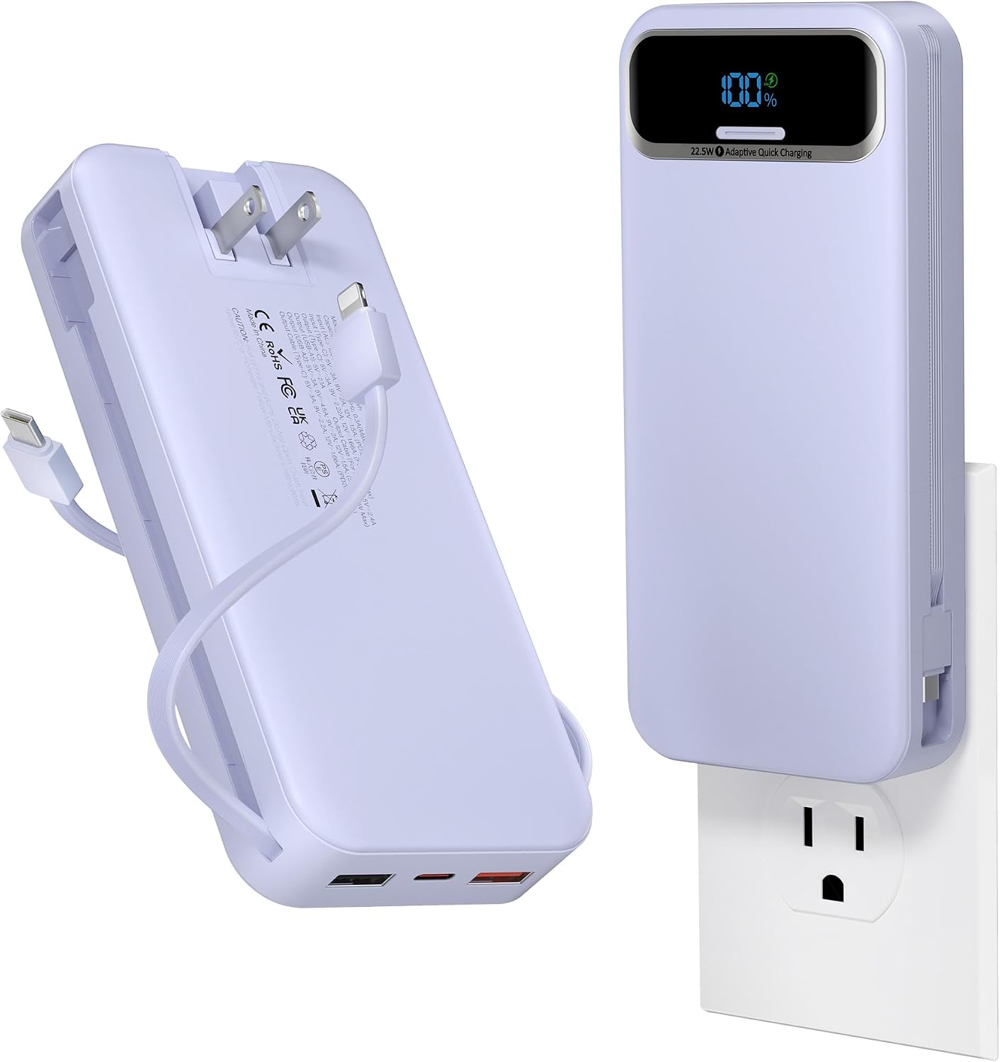 BATERÍA EXTERNA AONIDI 20000MAH CON CABLES INTEGRADOS Y ENCHUFE DE PARED MORADO - 1