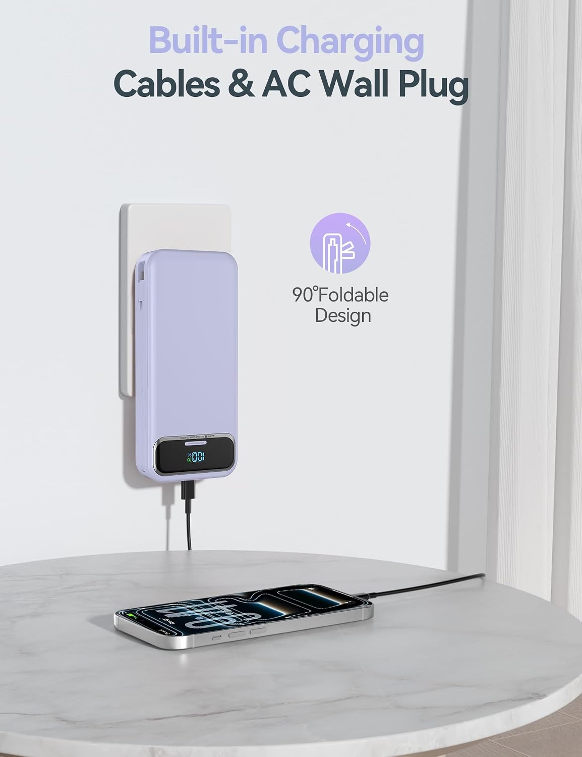 BATERÍA EXTERNA AONIDI 20000MAH CON CABLES INTEGRADOS Y ENCHUFE DE PARED MORADO - 5