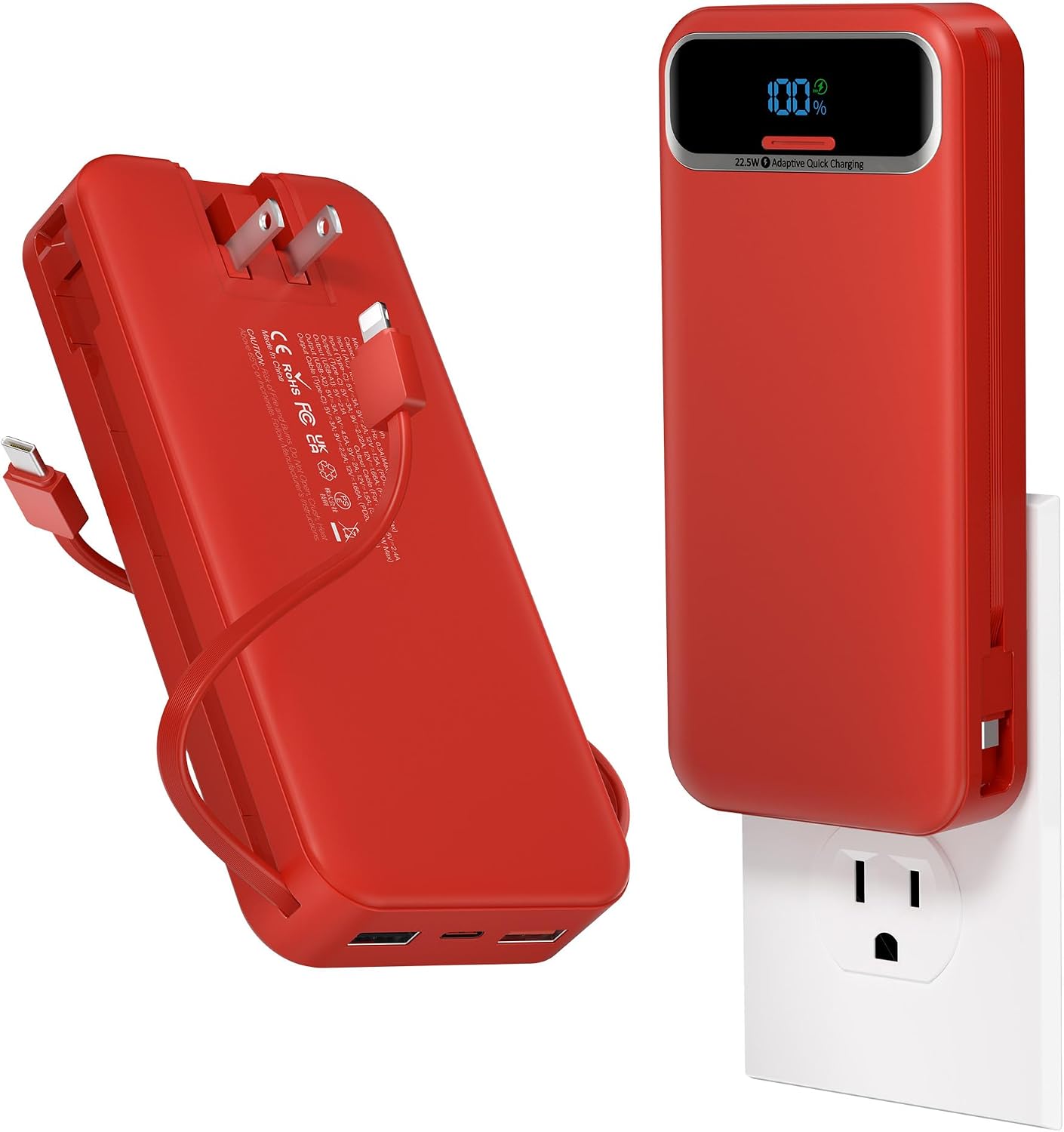 BATERÍA EXTERNA AONIDI 20000MAH CON CABLES INTEGRADOS Y ENCHUFE DE PARED ROJO - 1