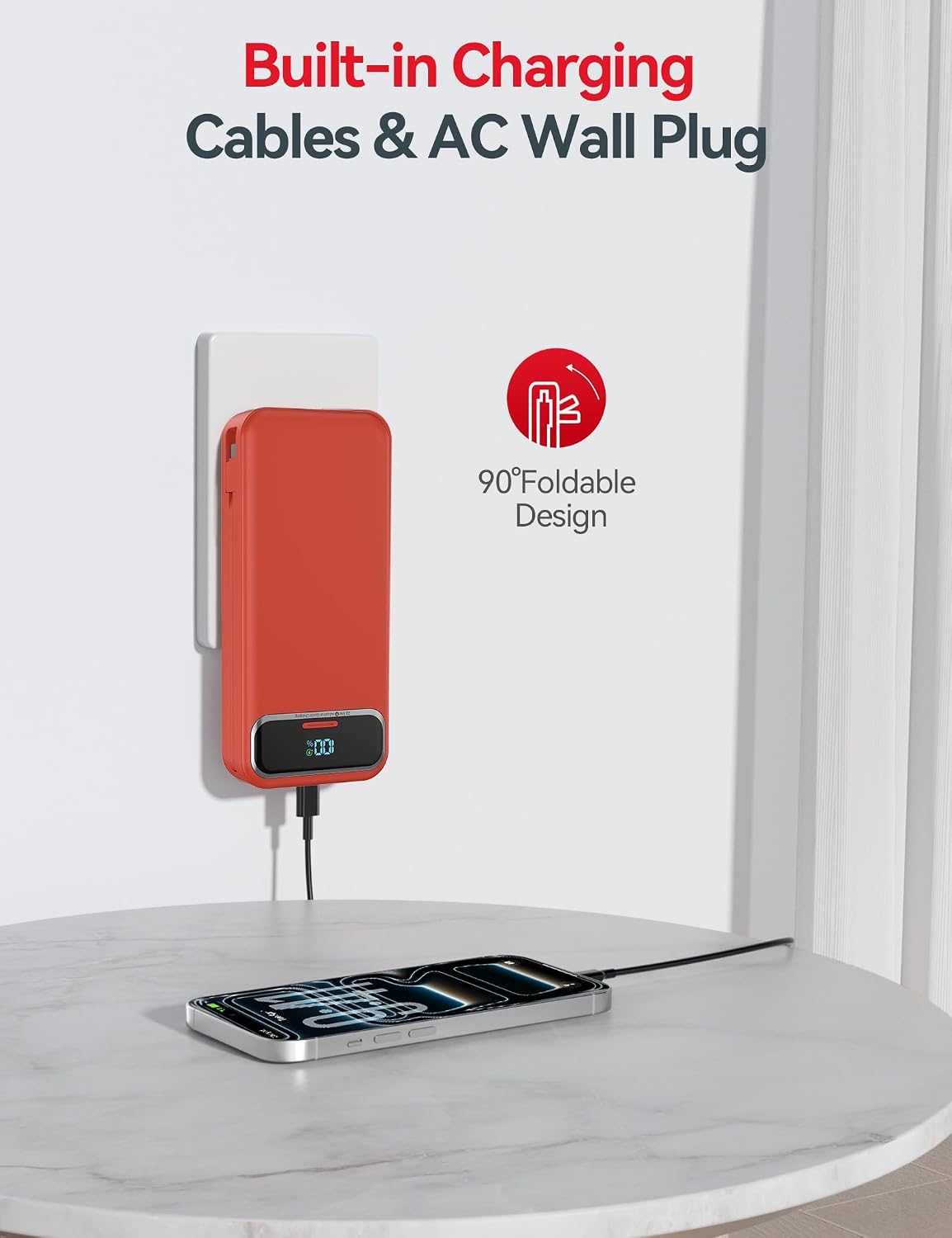 BATERÍA EXTERNA AONIDI 20000MAH CON CABLES INTEGRADOS Y ENCHUFE DE PARED ROJO - 4