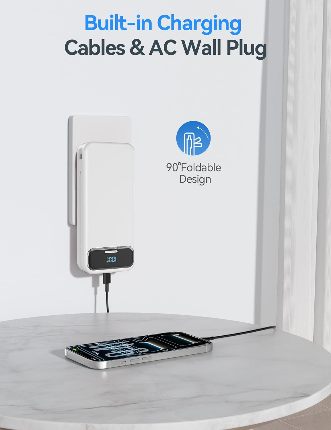 BATERÍA EXTERNA AONIDI 20000MAH CON CABLES INTEGRADOS Y ENCHUFE DE PARED BLANCO - 4