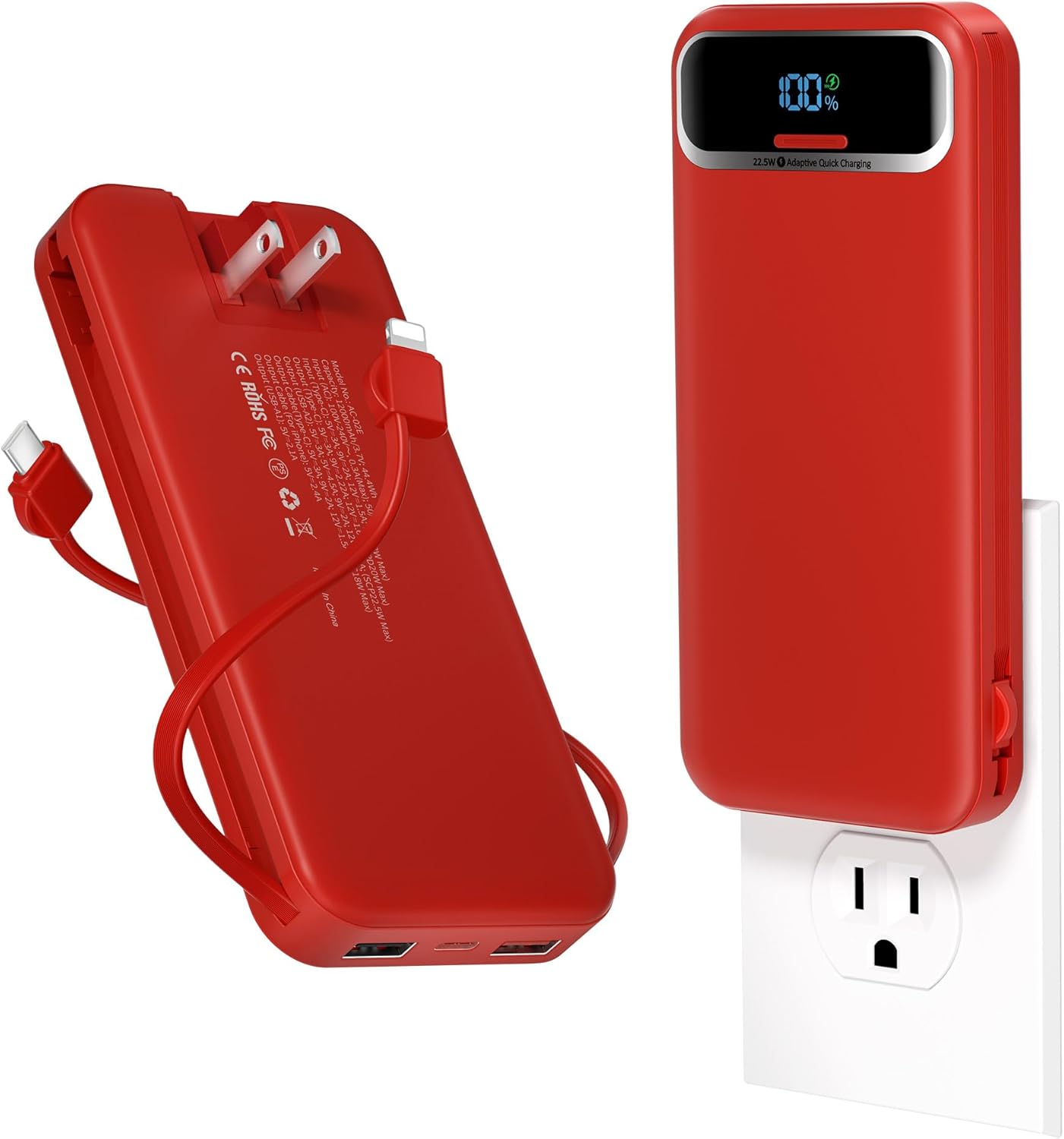 BATERÍA EXTERNA AONIDI 12000MAH CON CABLES INTEGRADOS Y ENCHUFE DE PARED ROJO - 1