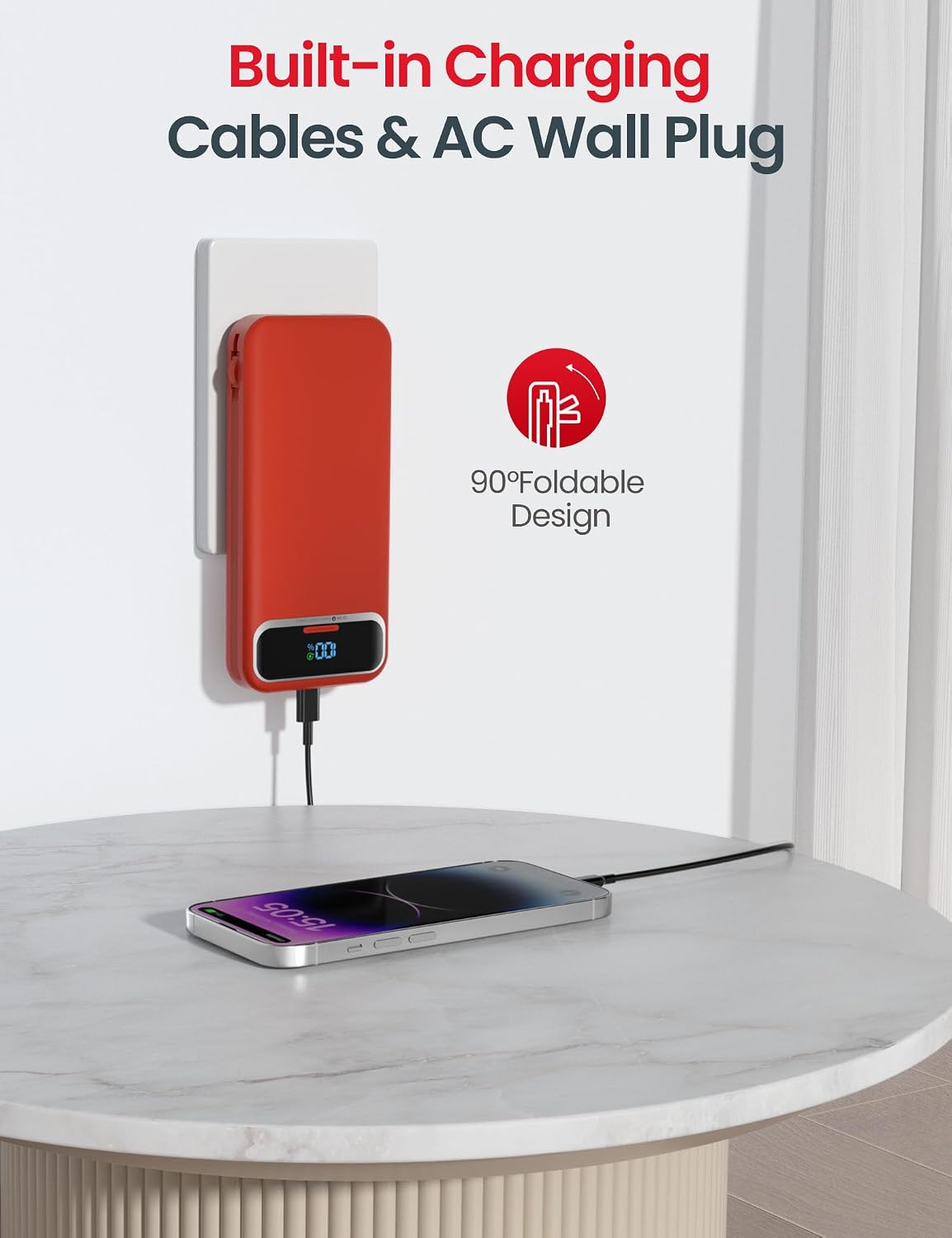 BATERÍA EXTERNA AONIDI 12000MAH CON CABLES INTEGRADOS Y ENCHUFE DE PARED ROJO - 4