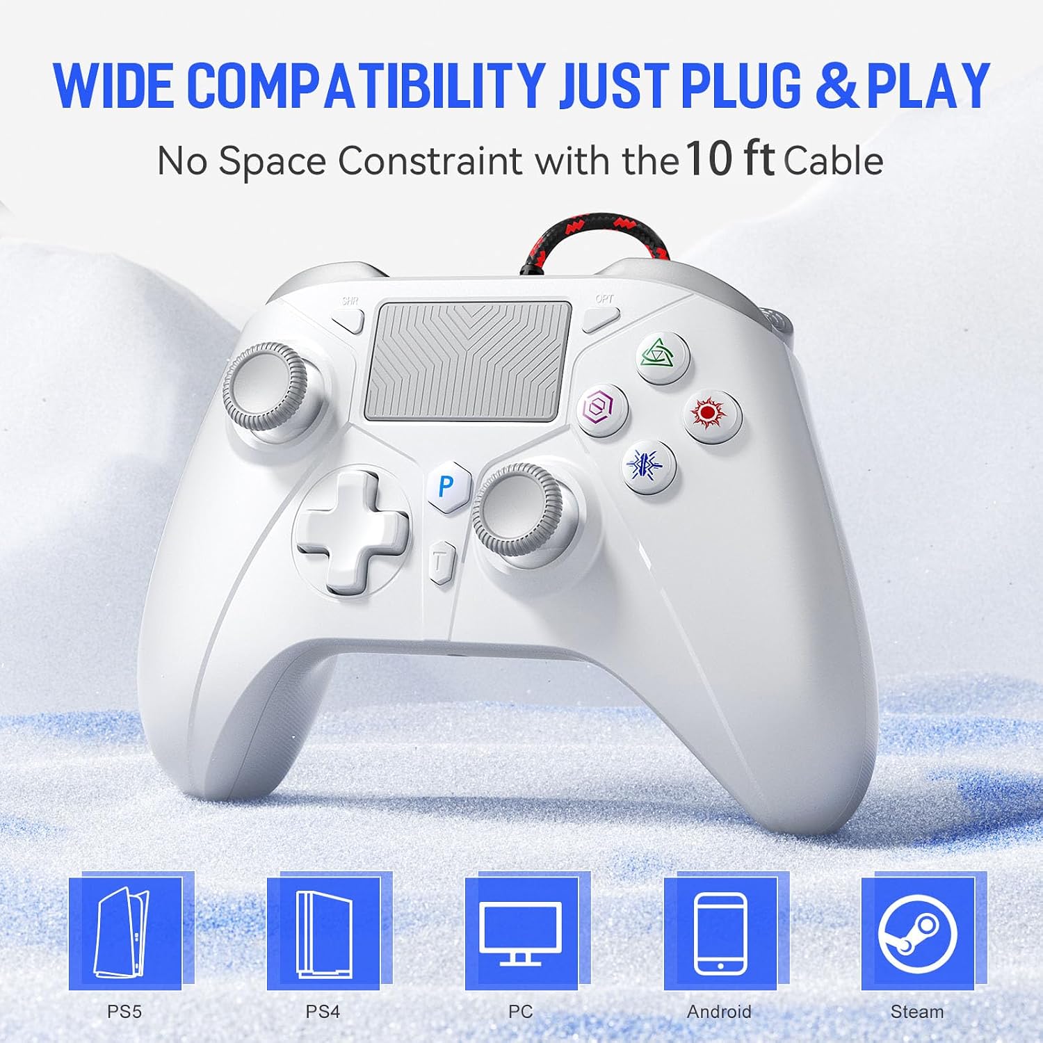 CONTROL CON CABLE DINOSOO 3 M CON PANEL MULTITÁCTIL Y BOTONES TRASEROS PARA PS5, PS4, PC - 3