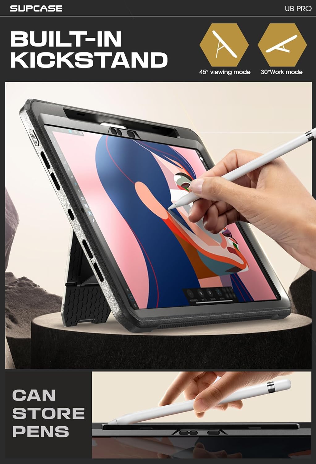 FUNDA PARA IPAD PRO 13 PULGADAS SUPCASE M5/M4 2025/2024 CON SOPORTE PARA LÁPIZ NEGRA - 4
