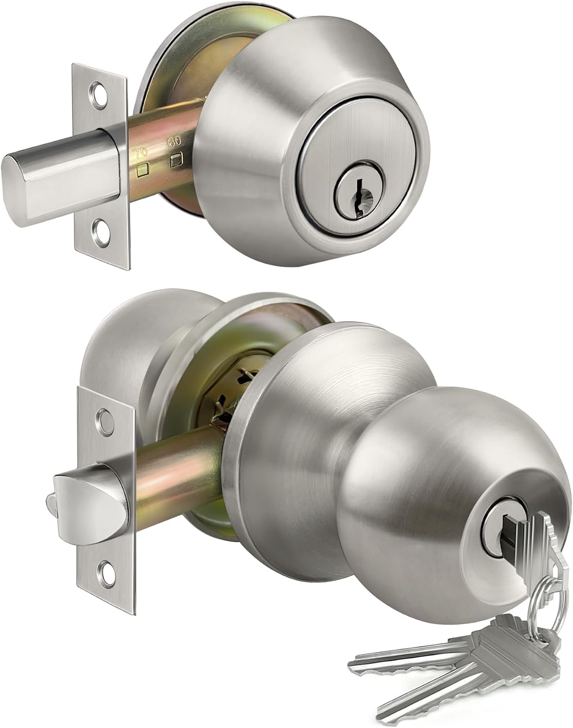 MANIJA PARA PUERTA EXTERIOR BESTTEN CON CERROJO CILINDRO SIMPLE Y LLAVE IGUALADA ACABADO NÍQUEL SATINADO - 1