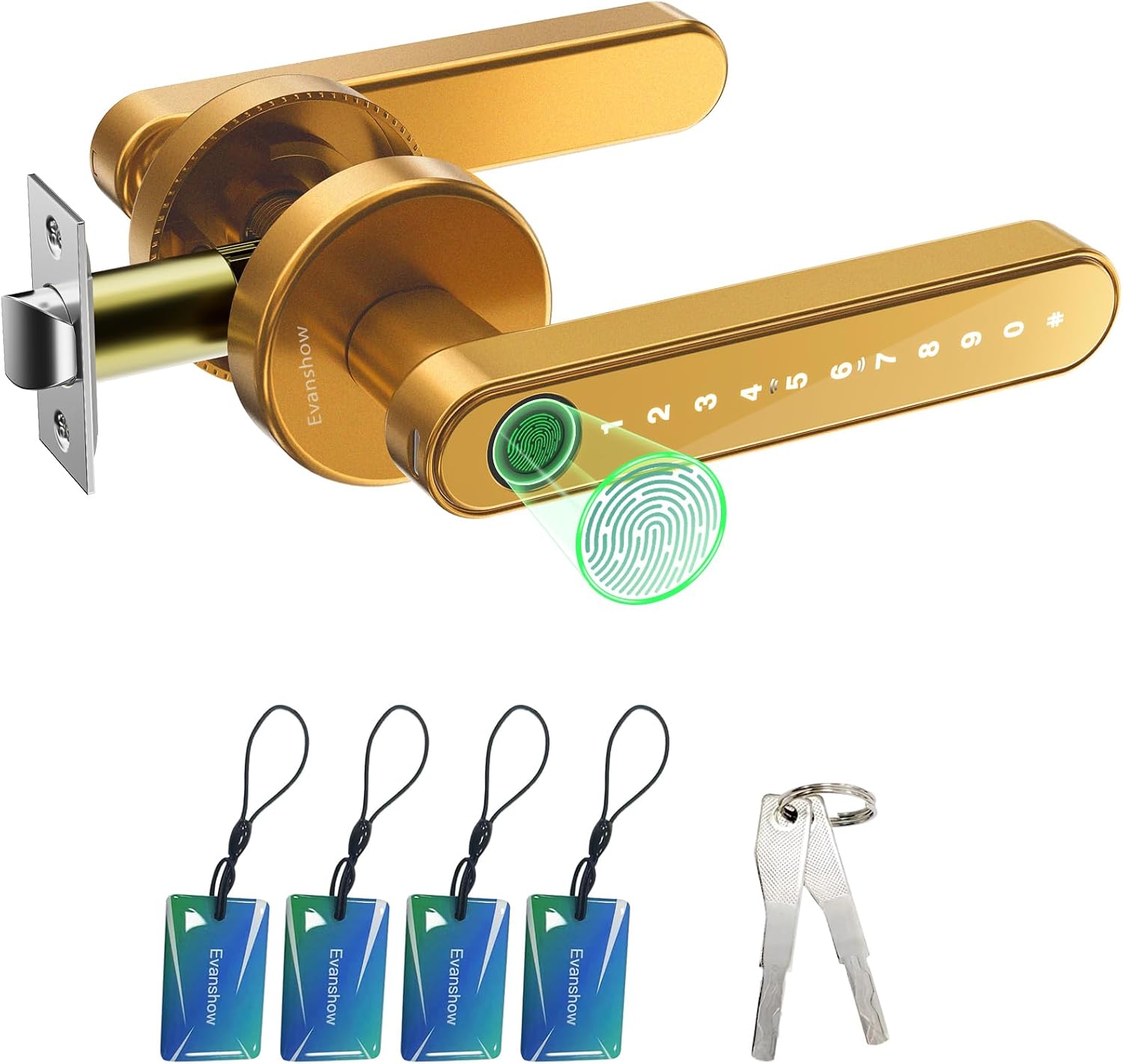 MANIJA PARA PUERTA EVANSHOW CON CERRADURA BIOMÉTRICA Y TECLADO DORADO - 1