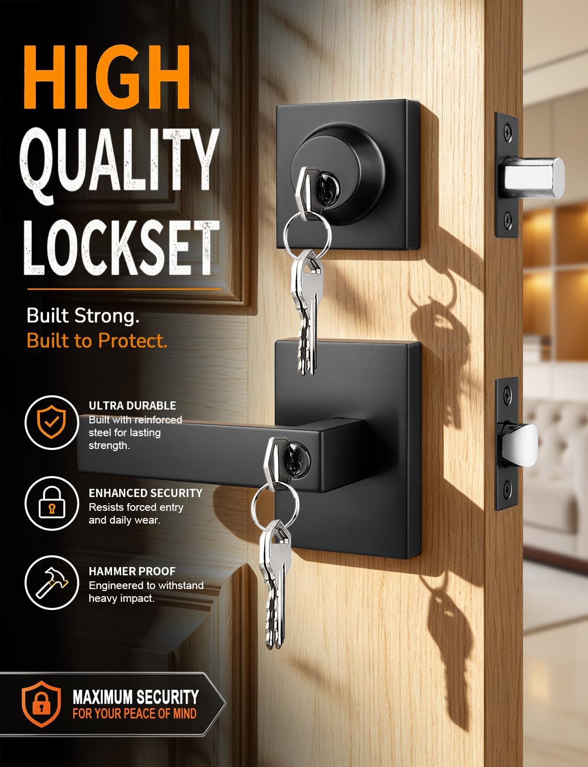 MANIJAS PARA PUERTAS PROBRICO SQUARE JUEGO 2 UNIDADES LLAVE ÚNICA NEGRO MATE - 3