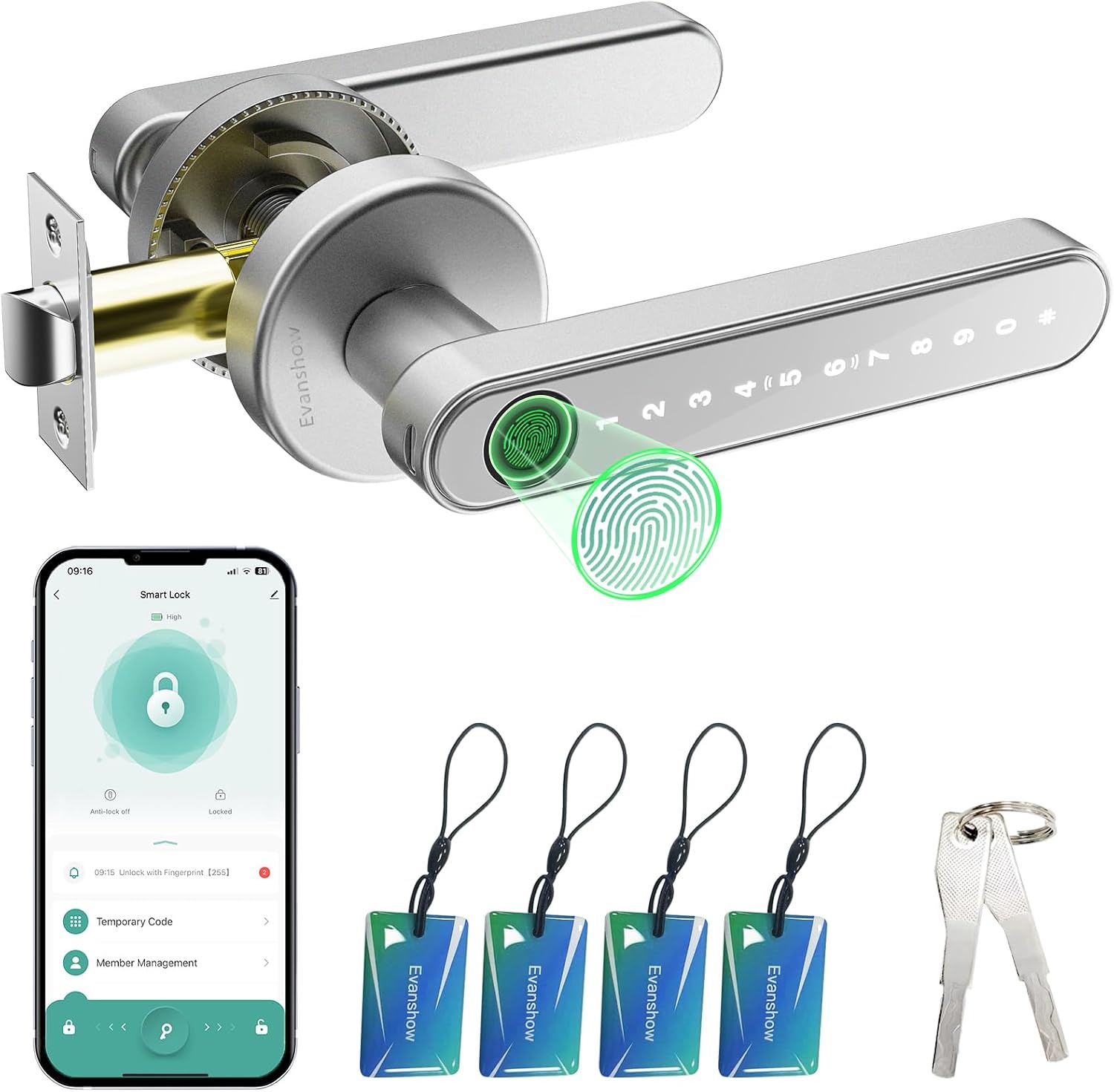 MANIJA PARA PUERTA EVANSHOW SMART DOOR LOCK CON HUELLA Y CÓDIGO, COLOR ACERO - 1