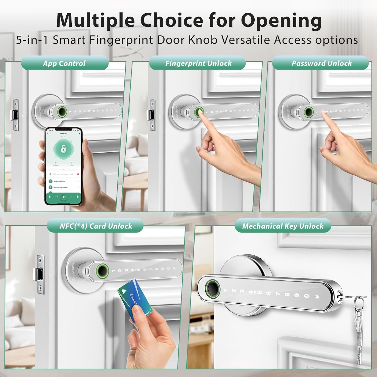 MANIJA PARA PUERTA EVANSHOW SMART DOOR LOCK CON HUELLA Y CÓDIGO, COLOR ACERO - 2
