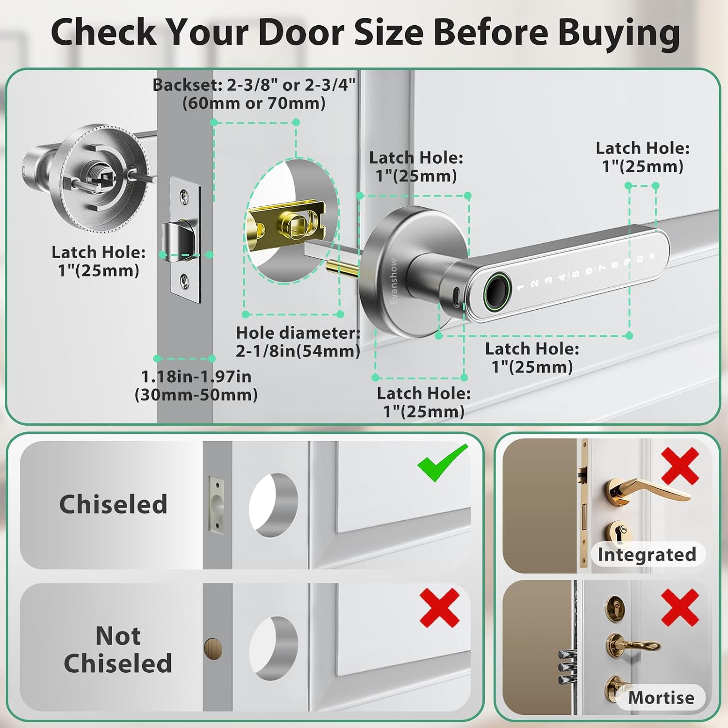 MANIJA PARA PUERTA EVANSHOW SMART DOOR LOCK CON HUELLA Y CÓDIGO, COLOR ACERO - 3