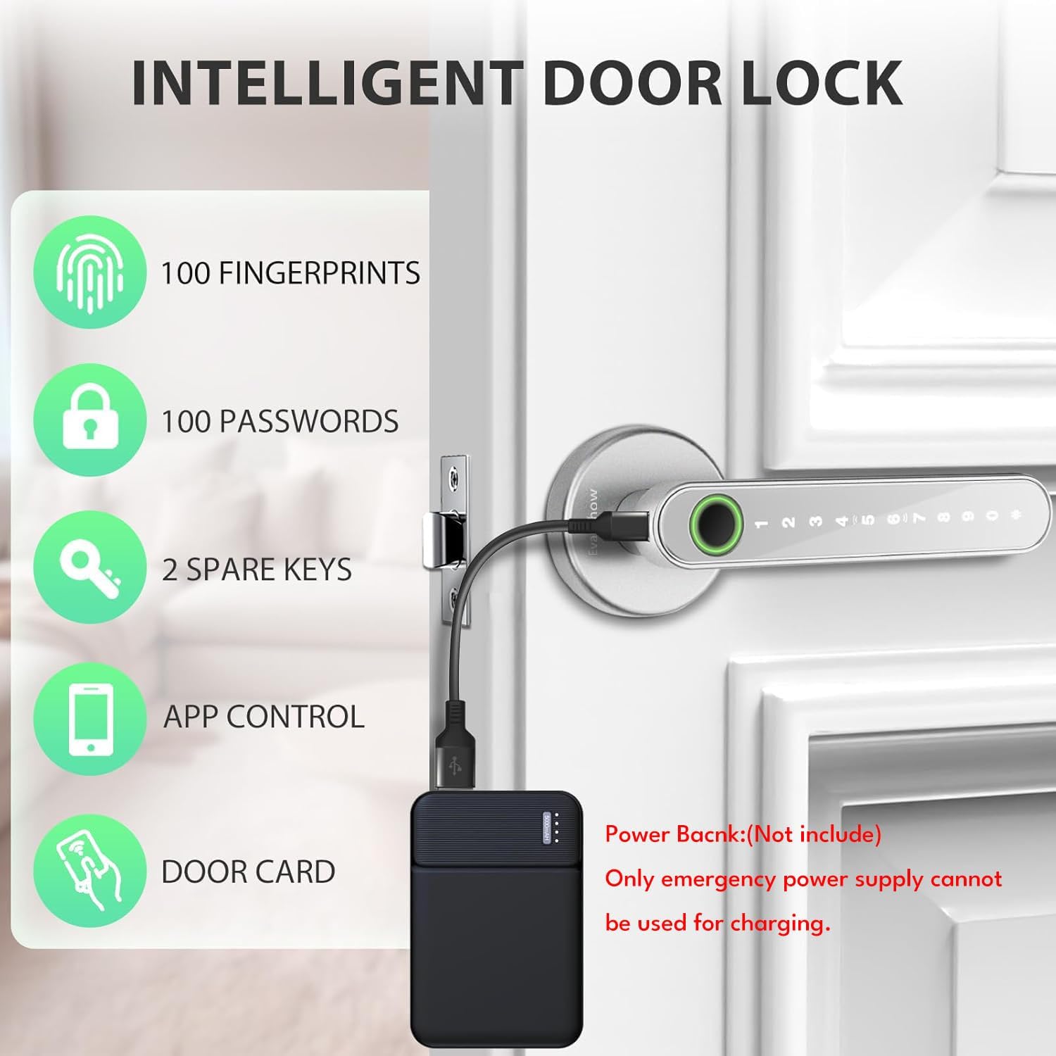 MANIJA PARA PUERTA EVANSHOW SMART DOOR LOCK CON HUELLA Y CÓDIGO, COLOR ACERO - 4