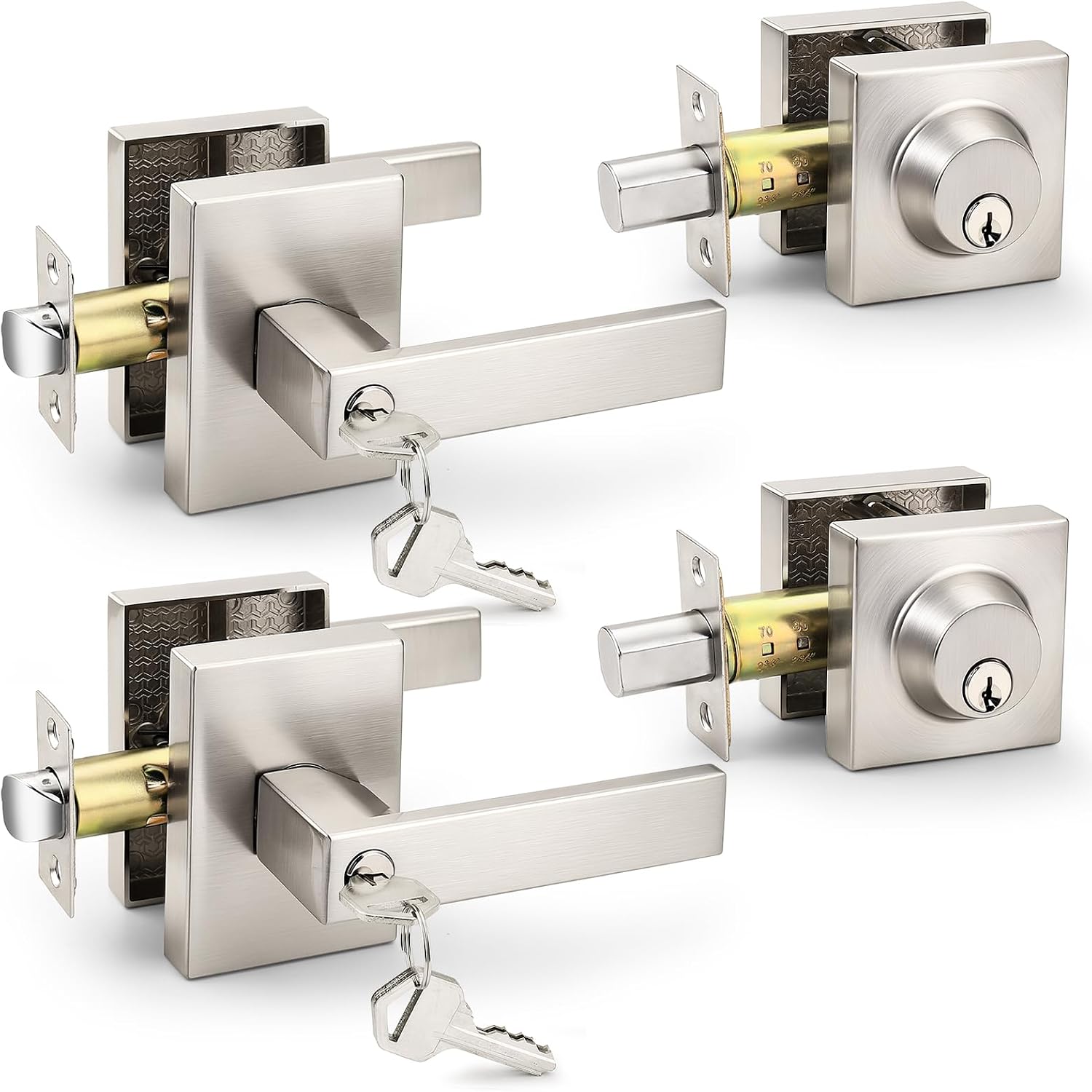MANIJAS PARA PUERTA EXTERIOR PROBRICO SQUARE CON CERRADURA Y CILINDRO SIMPLE, ACABADO NÍQUEL CEPILLADO, JUEGO 2 UNIDADES - 1