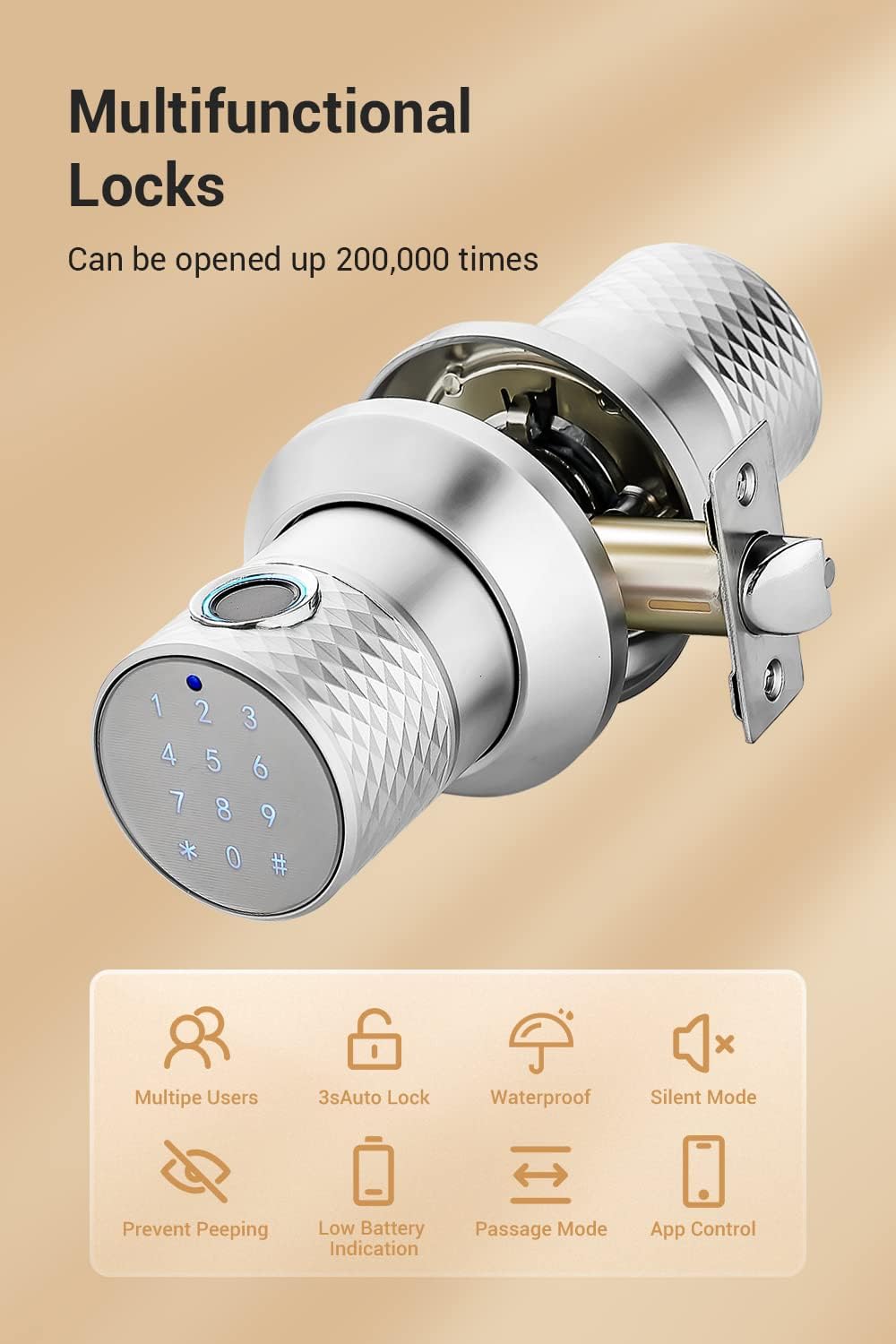 MANIJA PARA PUERTA BUOAN BIG FINGERPRINT SMART DOOR KNOB CON CERRADURA BIOMÉTRICA Y TECLADO - 2