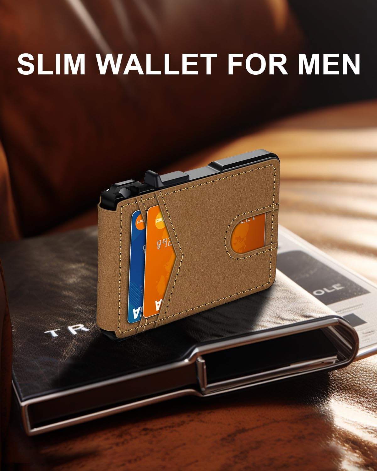 BILLETERA PARA HOMBRE ZALVEX MINIMALISTA PARA 9-13 TARJETAS CON BLOQUEO RFID SLIM CAMEL - 2