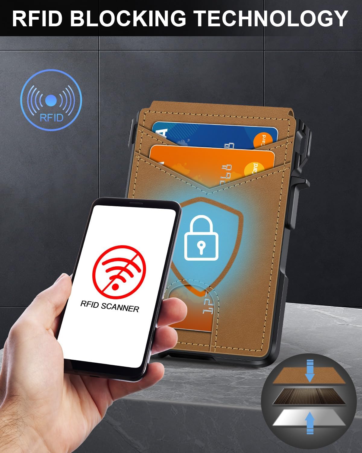 BILLETERA PARA HOMBRE ZALVEX MINIMALISTA PARA 9-13 TARJETAS CON BLOQUEO RFID SLIM CAMEL - 5