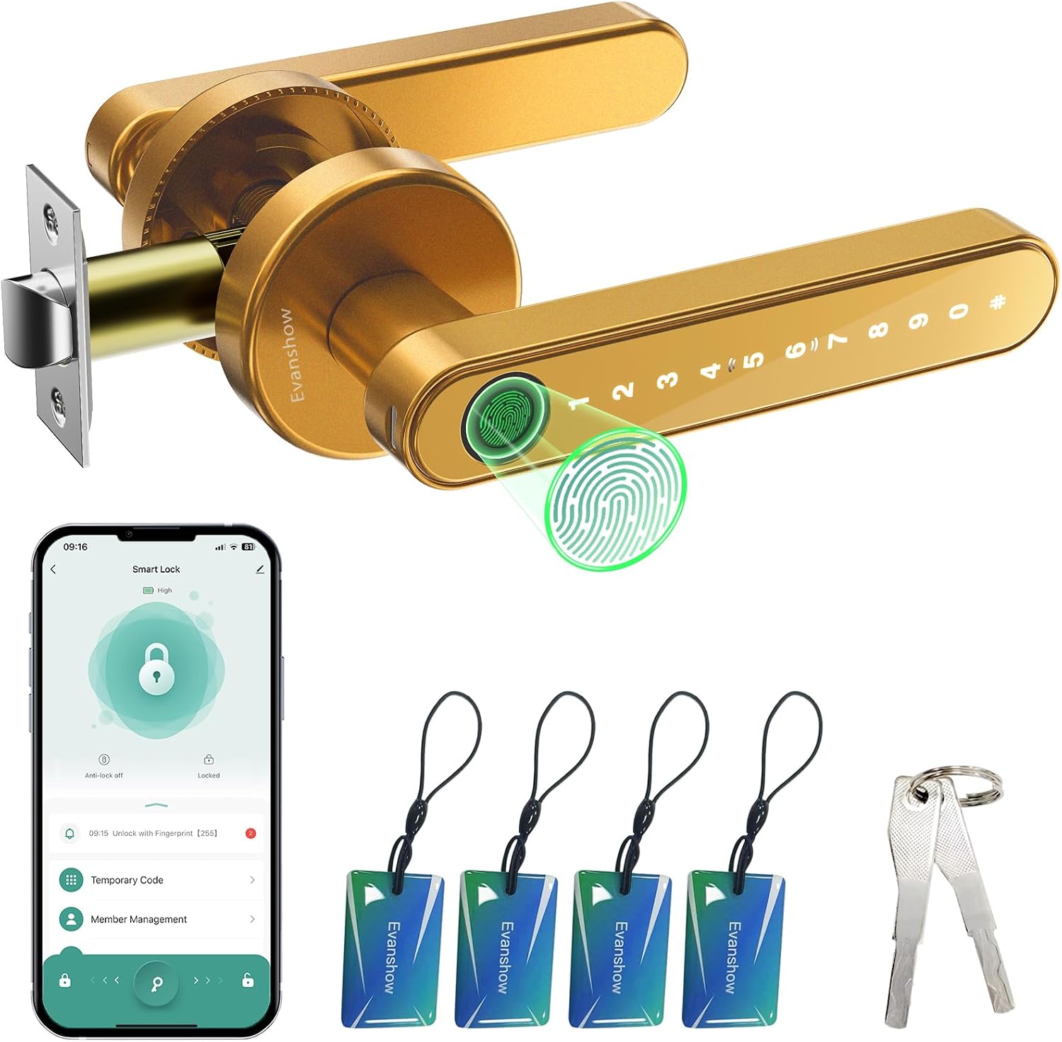 MANIJA PARA PUERTA EVANSHOW SMART DOOR LOCK CON HUELLA Y CÓDIGO DORADO - 1