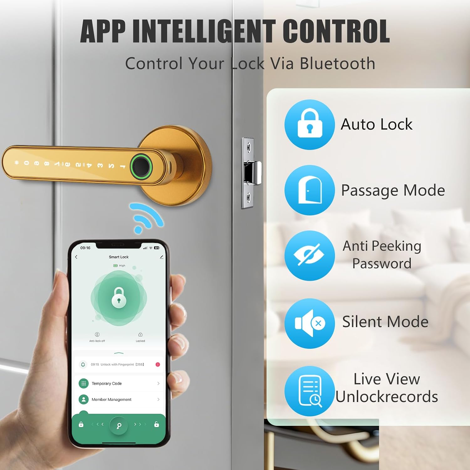 MANIJA PARA PUERTA EVANSHOW SMART DOOR LOCK CON HUELLA Y CÓDIGO DORADO - 5