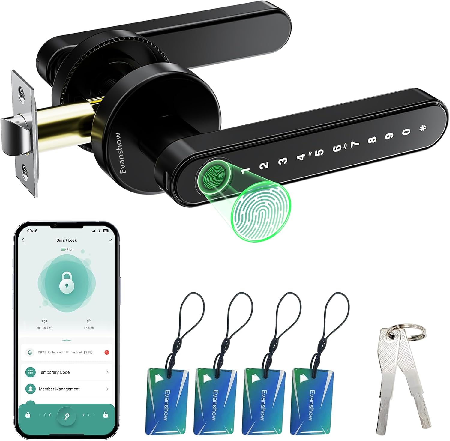 MANIJA PARA PUERTA EVANSHOW SMART DOOR LOCK CON HUELLA Y ACCESO SIN LLAVE COLOR NEGRO - 1