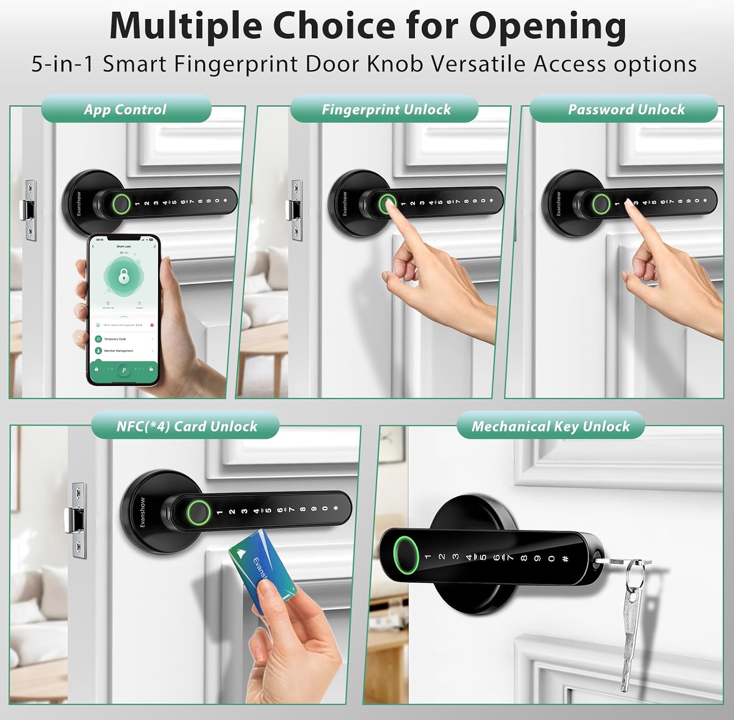 MANIJA PARA PUERTA EVANSHOW SMART DOOR LOCK CON HUELLA Y ACCESO SIN LLAVE COLOR NEGRO - 2