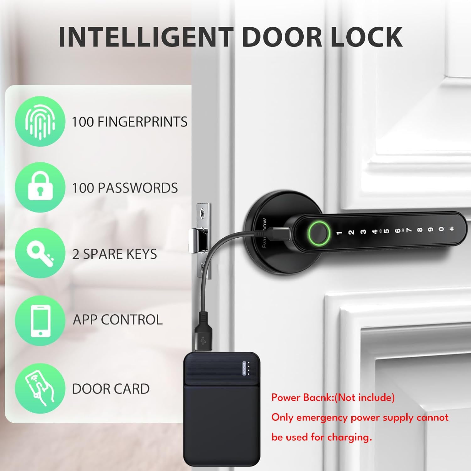 MANIJA PARA PUERTA EVANSHOW SMART DOOR LOCK CON HUELLA Y ACCESO SIN LLAVE COLOR NEGRO - 5