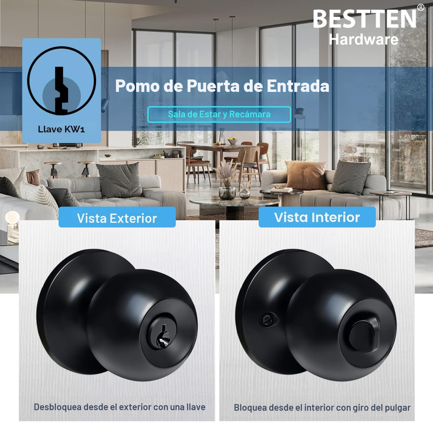 MANIJA PARA PUERTA DE ENTRADA BESTTEN CON LLAVE ACABADO NEGRO MATE - 3