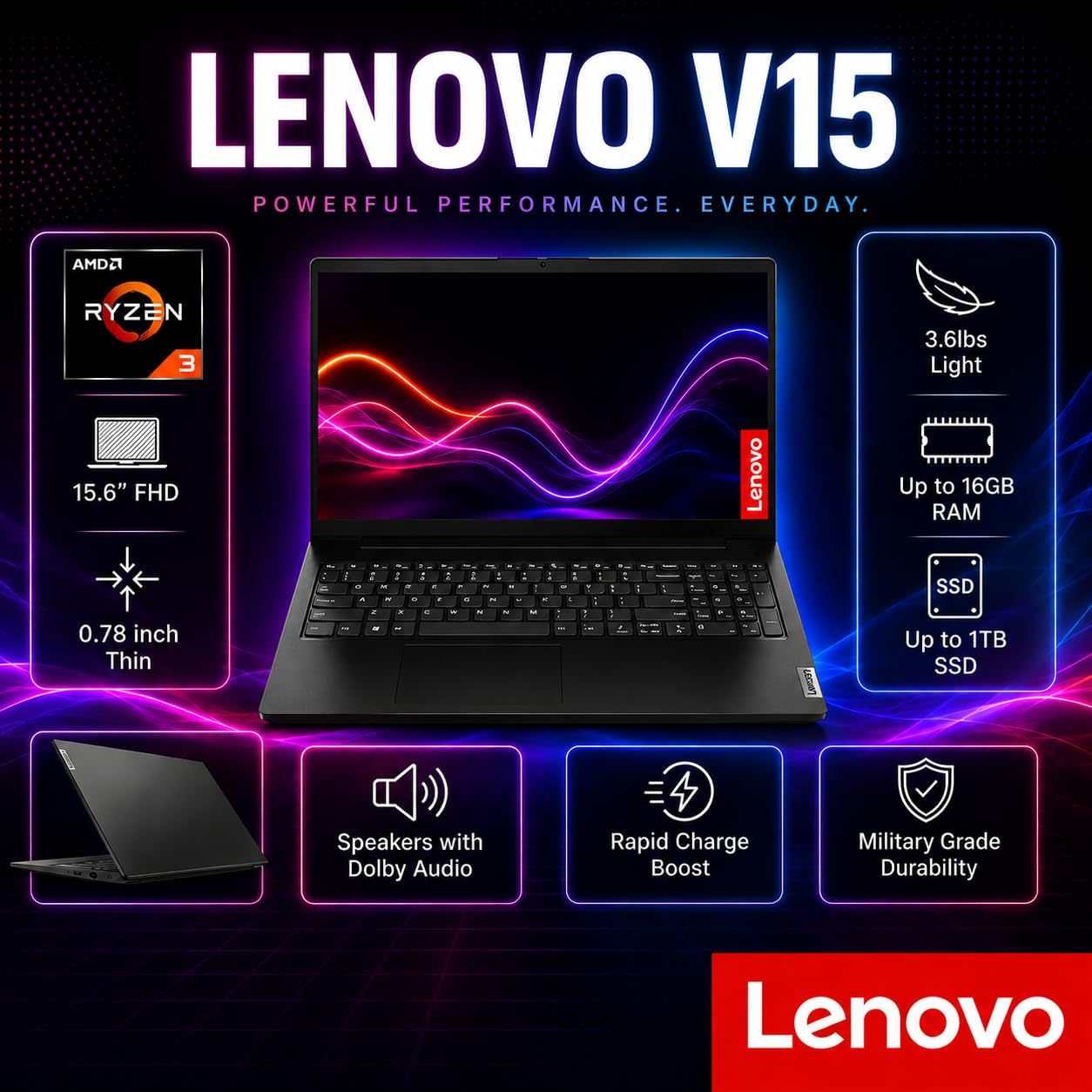 LAPTOP LENOVO V15 2026 AMD RYZEN 3 7320U 15.6' FHD 16GB RAM 256GB SSD WINDOWS 11 PRO NEGRO - 2