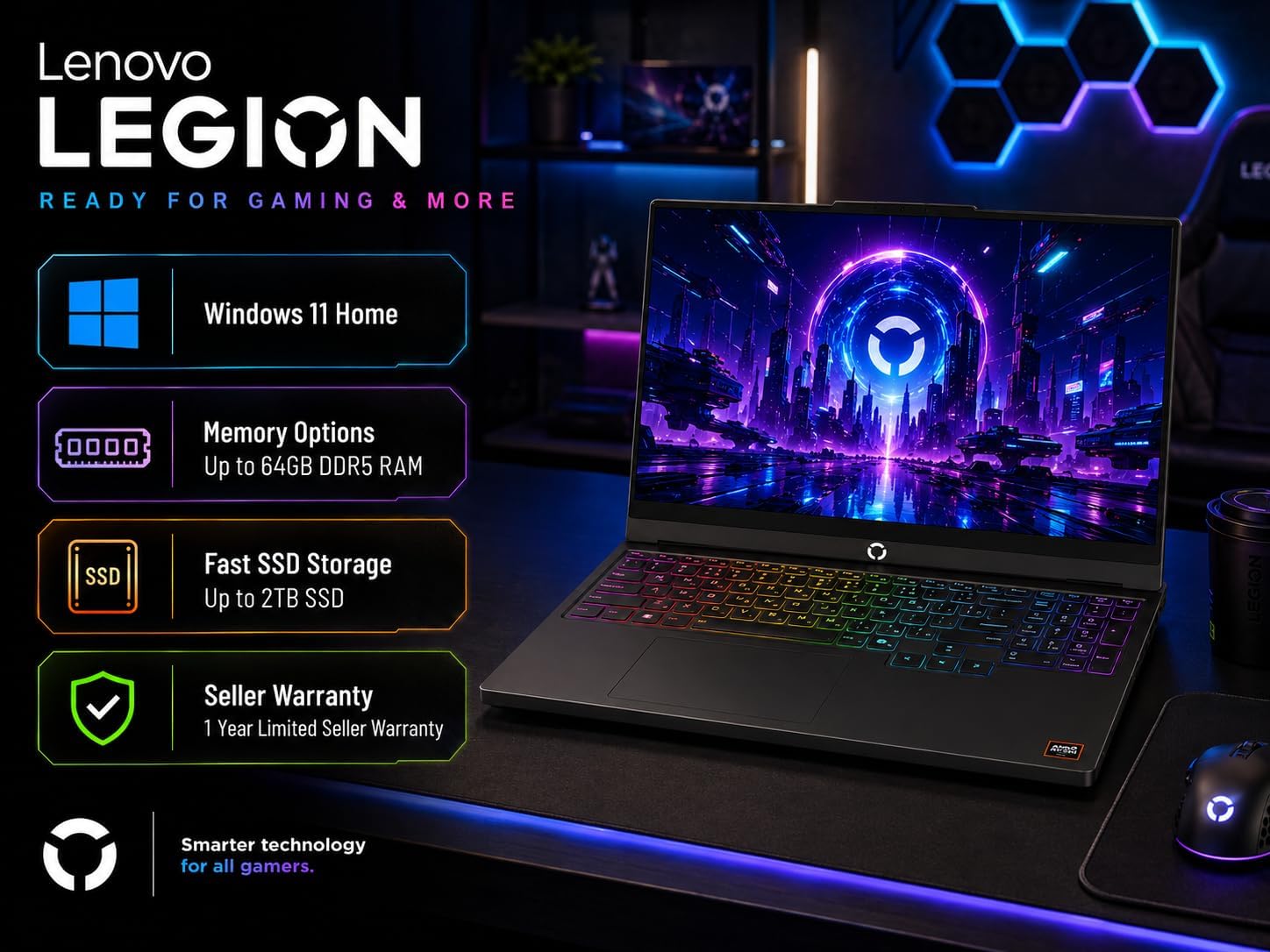 LAPTOP LENOVO LEGION 5A GAMING RYZEN 7 250 64GB RAM 2TB SSD RTX 5060 15.3' OLED NEGRO - 4