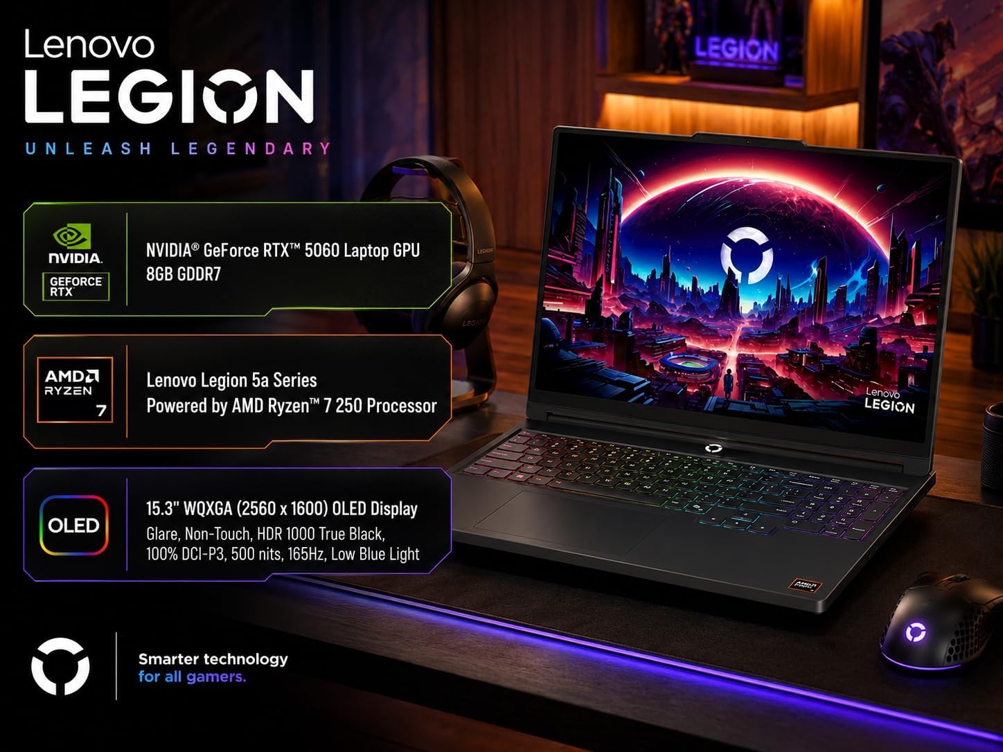 LAPTOP LENOVO LEGION 5A GAMING RYZEN 7 250 RTX 5060 15.3' OLED 32GB 1TB SSD NEGRO - 3